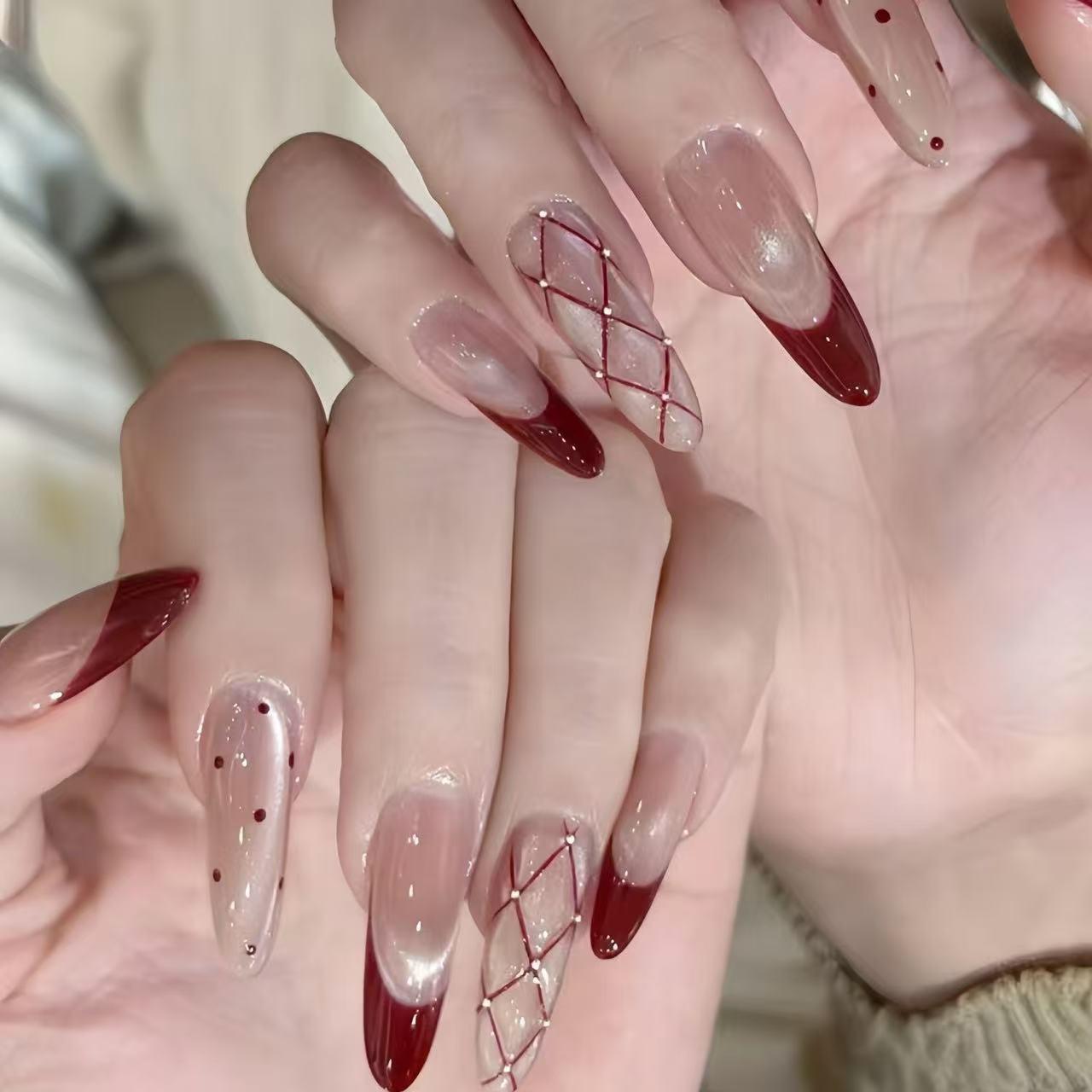 

Burgundy Plaid Cat Eye French Manicure - Trendy Long False Nails M 10-pack