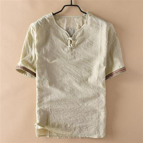 Tricou bărbătesc cu mânecă scurtă, cu nasturi chinezești șifonați, din imitație de in