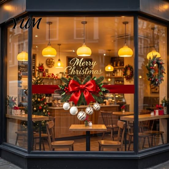 Waterproof Christmas Wall Art Gold Merry Window Clings, Decorative PVC Decals for Holiday Glass Home Decor, Removable Stickers Storefront Bows Windows