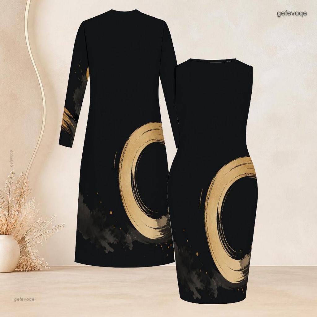 Damen Übergröße Zweiteiliges Outfit Langärmeliger Offener Cardigan Ärmelloses Bodycon Kleid mit Aufdruck