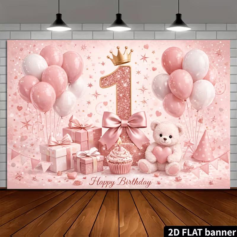 2D 1st Birthday Party Backdrop Rose Gold Balloons and Sparkles Photo Background