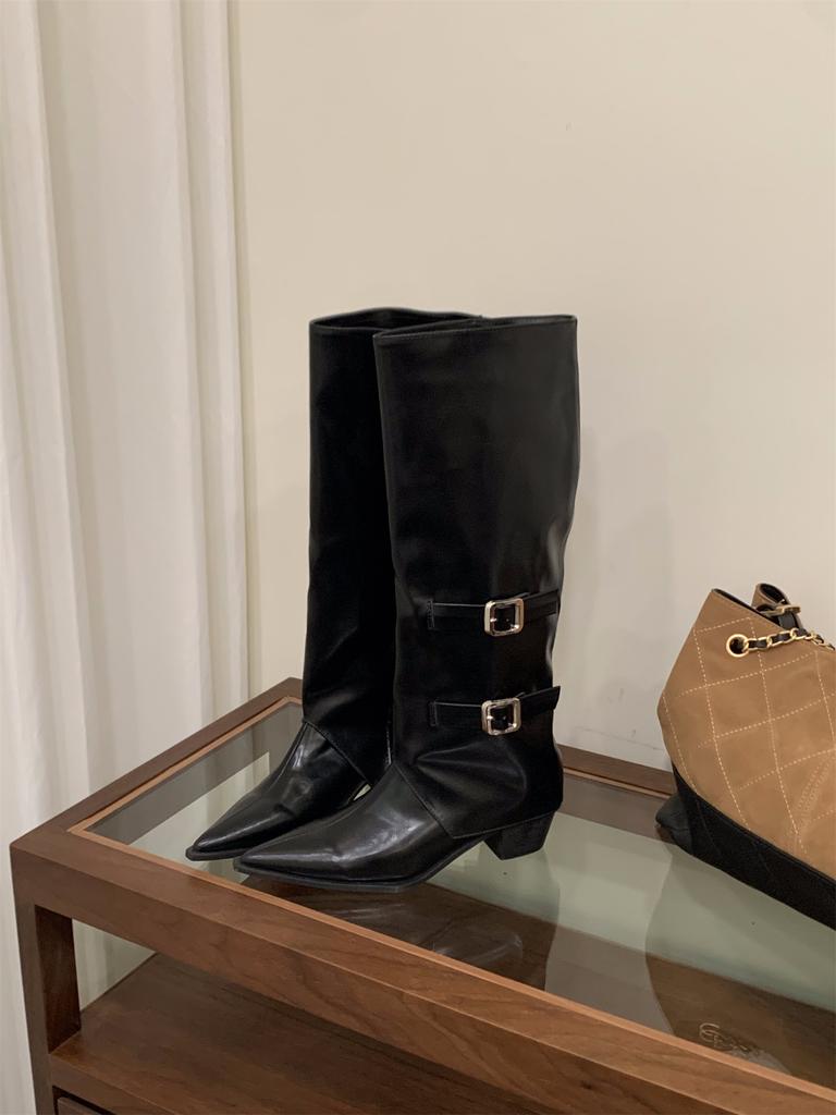 High Heel Pointed Brown Pants Boots Women's Boots 2025 Autumn and Winter White Skinny Boots Medium Knight Boots