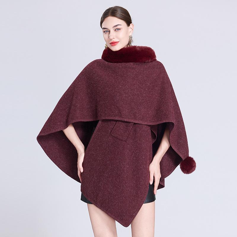 Autumn/Winter Knitted Scarf Shawl Cape with Fur Collar and Pom-Poms (Style 0962#)