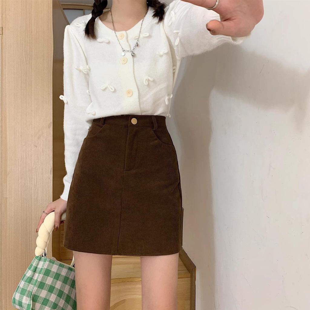 2023 Autumn/Winter Women's High Waist Corduroy A-Line Skirt - Slim Fit, Retro Korean Style, Anti-Exposure Design