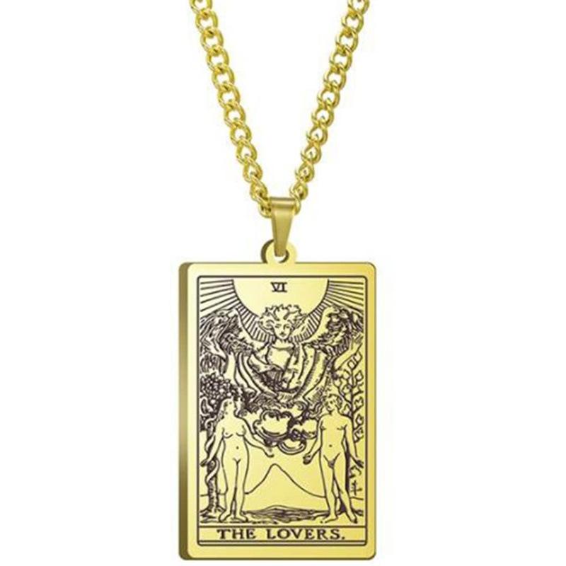 Tarot Stainless Steel Necklace Men'S Hip Hop Personality Retro Square Pendant Sweater Necklace
