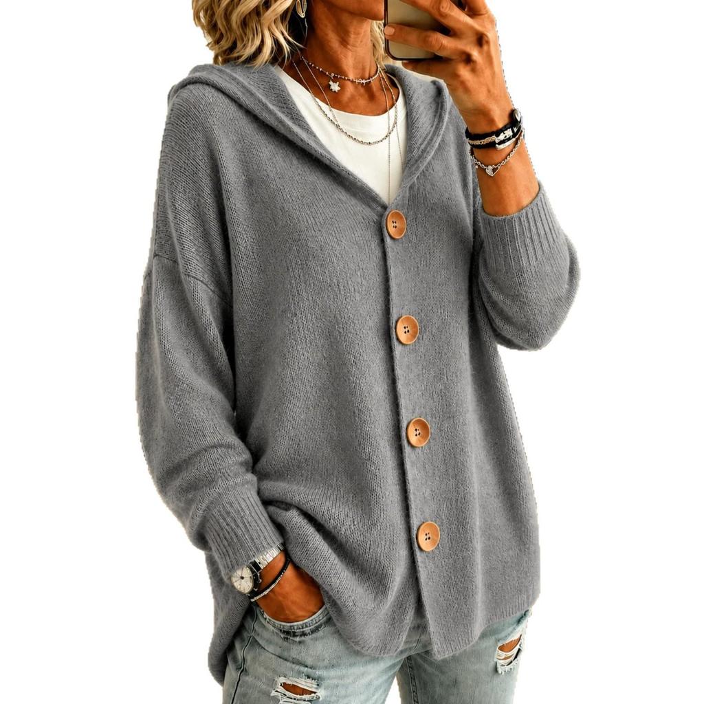 Autumn/Winter Women's Solid Color Knit Hooded Cardigan Sweater