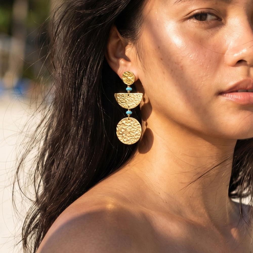 Vintage Drop Earrings 18K Gold Plated Stainless Steel Irregular Geometric Hammered Turquoise Dangle Ear Jewelry One Pair