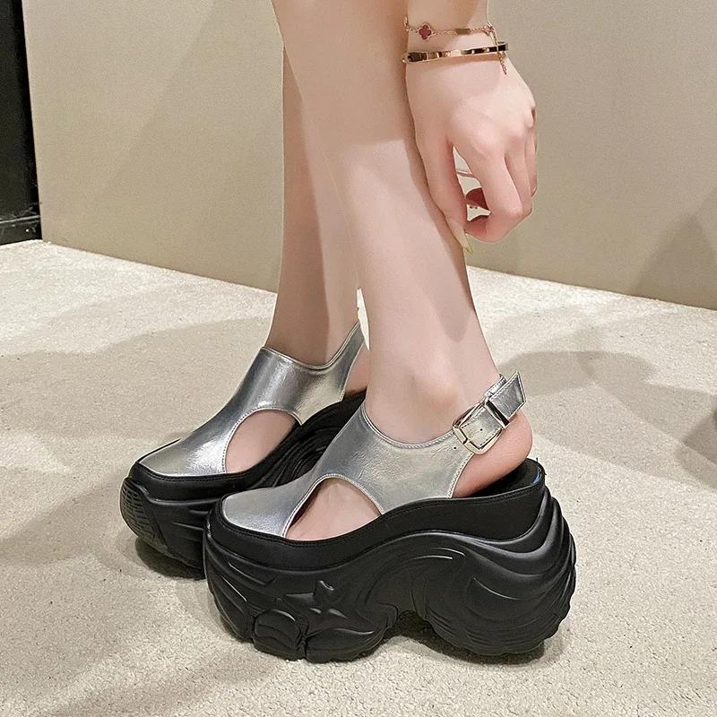 Fashion 9CM PU Microfiber Leather Breathable Sandals Flats Slipper Shoes Summer Round Toe Slip On Women Platform Wedge Flats High Brand