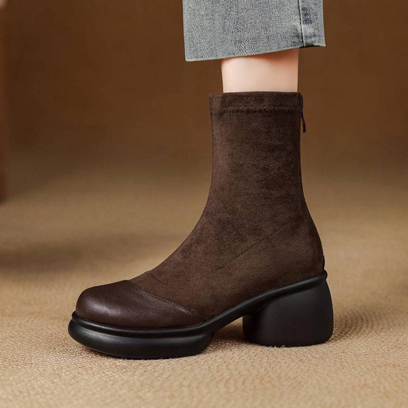 Korean Round Head Elastic Suede Fashion Boots Women's Thick-soled Medium Heel Large Size Women's Boots Rear Zipper Autumn and Winter Mid-tube Boots