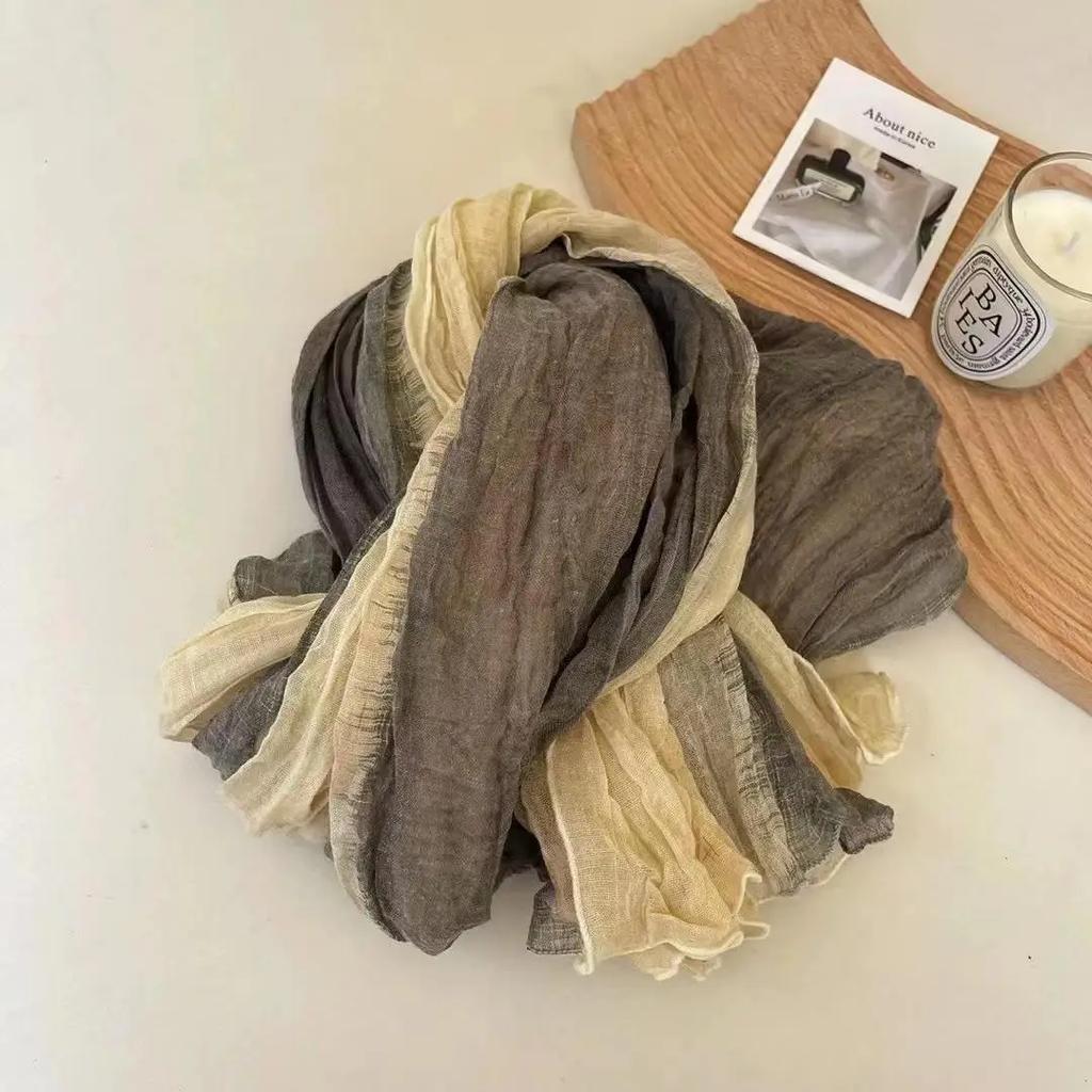 Retro Gradient Color Long Cotton and Linen Scarf Japanese Artistic Fresh Shawl Western-style Versatile Pleated Scarf for Women