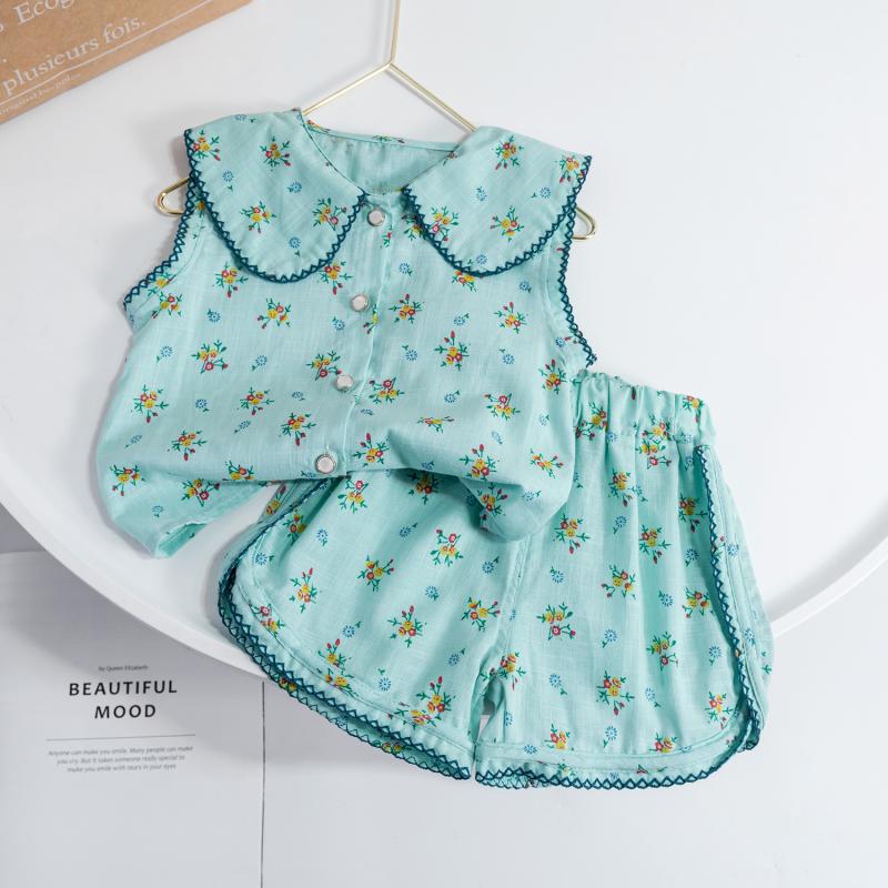 Baby Girl Summer Sleeveless Doll Collar Floral Shorts Two Piece Set Fashionable Versatile Casual Outfit For Toddlers