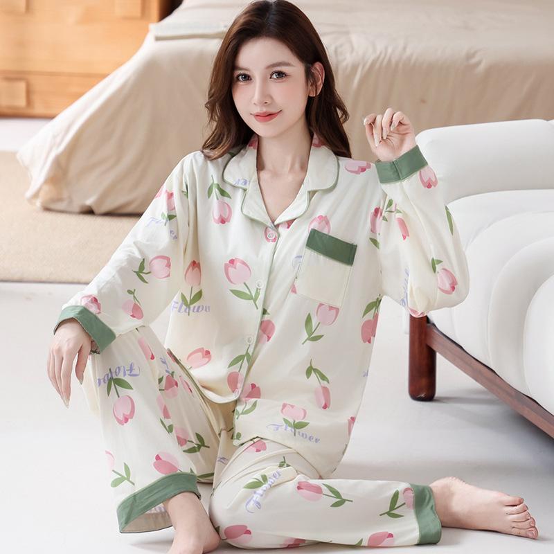 Süße Tulpe neuer Pyjama Damen Frühling und Herbst Imitat Baumwolle langärmelige Loungewear Übergröße Set