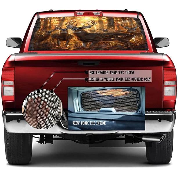 Rustic Deer Truck Rear Window Graphic Decals, Sunset Forest Nature Animal Pickup Car Window Stickers Truck Back Window Film Decal for Trucks SUV 66 x