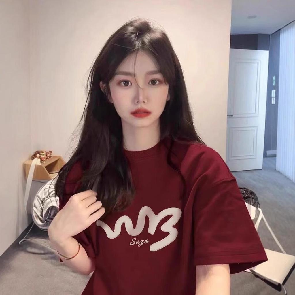 Burgundy Print Korean Style Casual Loose Short Sleeve T-Shirt