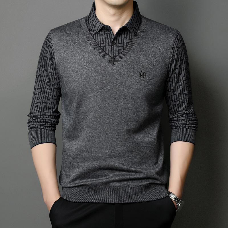 

Осенний новый стиль воротник рубашки свитер повседневный мужской средний возраст мода простой пуловер мужской свитер поддельные две части 3XL серый