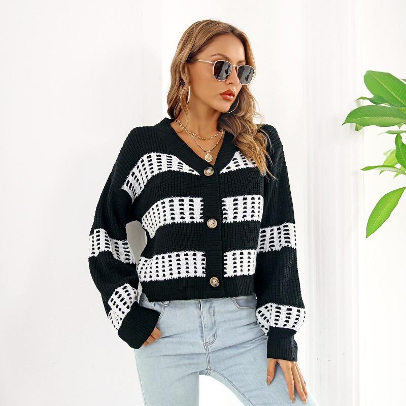 Women S V Neck Lantern Sleeve Contrast Color Short Cardigan Sweater Coat