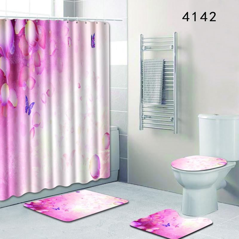Dream Flower Bathroom Shower Curtain Floor Mat Toilet Cover Foot Mat Four-Piece Set