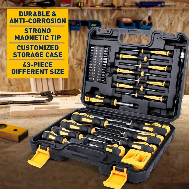 NEW 43pcs Professional Magnetic Screwdriver Set with Chrome Vanadium Steel Slotted Phillips Hex Torx Bits Precision RodDurable