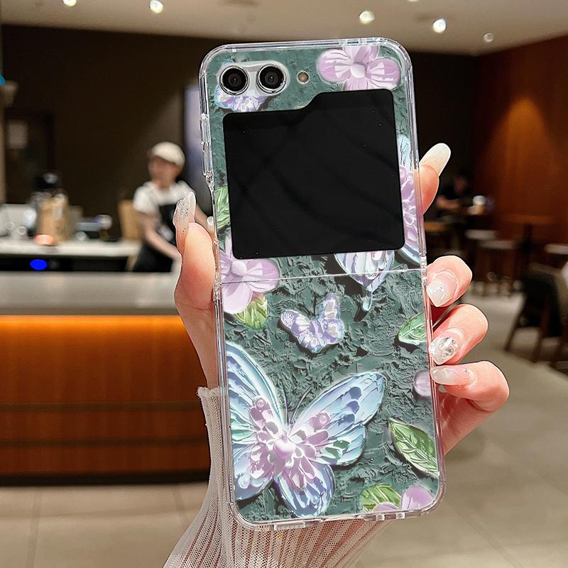 For Samsung Galaxy Z Flip 6 5 4 3 Case Luxury Oil Painting Flower Butterfly Hard Clear Folding Cover For Samsung Z Flip6 Flip5
