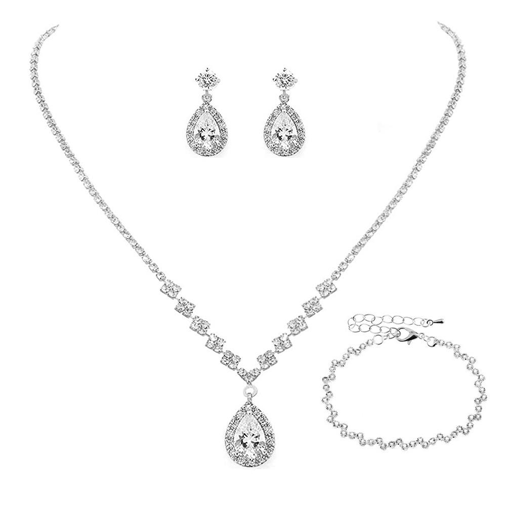 Bridesmaids Ball Outfit Rhinestone Jewelry Set Bridal Wedding Metal Zircon Water Drop Wave Necklace Earrings Bracelet