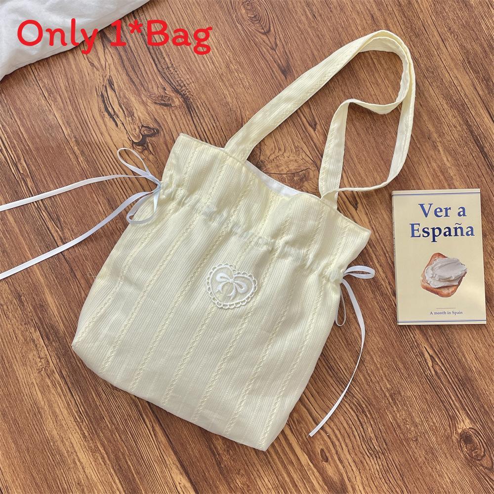 Girl Heart Bowknot Shoulder Bag With Drawstring Cotton Tote For Daily Use