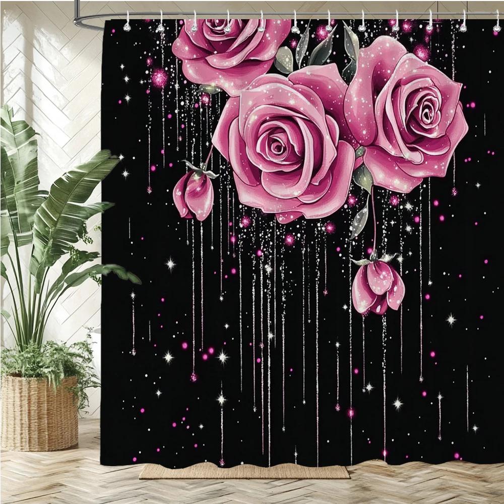 Glänzende rosafarbene Blume Stil bedruckter Stoff Duschvorhang Badezimmervorhang, Valentinstag Heimdekorationsvorhang mit Haken