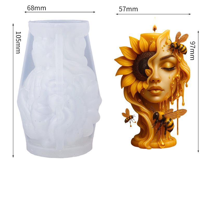 

Sunflower and bee candle mold, an artistic three-dimensional relief candle mold featuring a half-faced sunflower, honey dripping белый