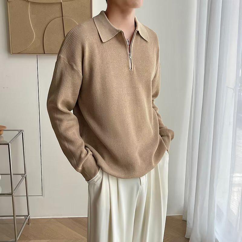 Męski dzianinowy sweter w japońskim stylu z półzamkiem i kołnierzykiem polo - jesienno-zimowy casualowy pulower.