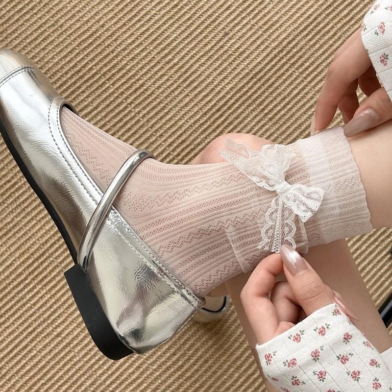Summer Lightweight Stacked Socks for Children in Ballet Style, Featuring Lace, Bows and Flowing Ribbons, Without A Tube.