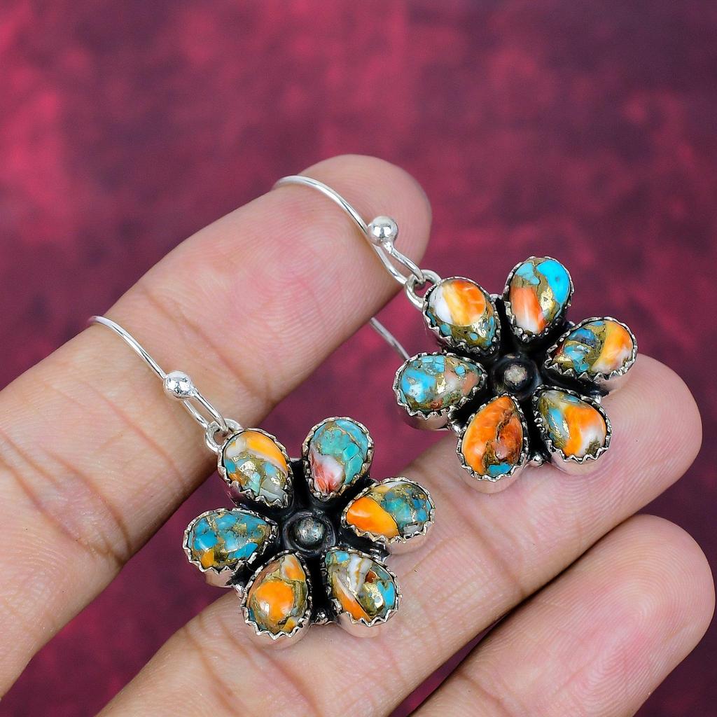 Brincos de Gema de Ostra Espinhosa Laranja Feitos à Mão, Brincos de Prata de Lei Sólida 925 Joias Antigas, Para Presente de Noivado