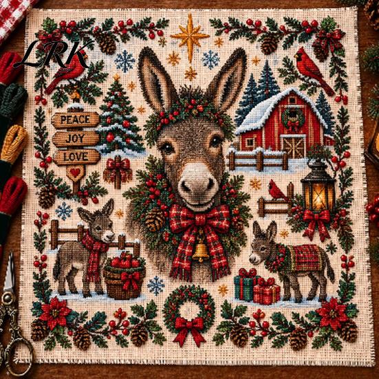 Holiday Animal Needlepoint Patterns Christmas Cross Stitch Kit, Embroidery Starter Seasonal Handmade Present for Friends Pattern, Festive Craft