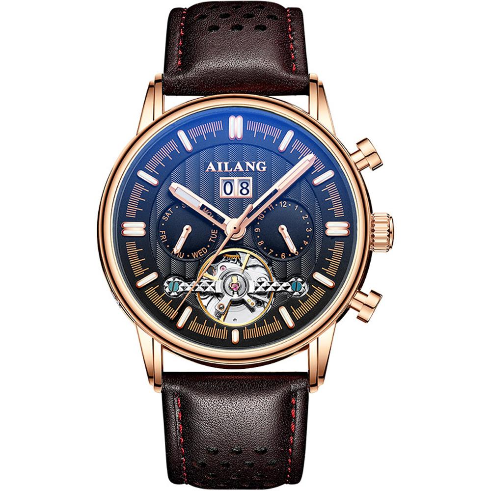 AILANG Brand Leather Tourbillon Man Watches Luxury Automatic Mechanical Sport Waterproof Watches Men's Luminous Calendar Reloj