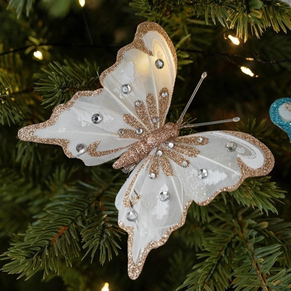 With Clip Christmas Tree Hanging Decor Glitter Simulation Butterfly Decoration  Xmas Tree Decor