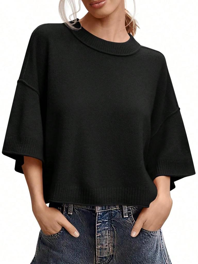 Women's Oversized Cropped Knit Sweater Short Sleeve Crew Neck Lightweight Summer Top
