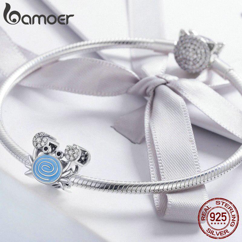 BAMOER Real 925 Sterling Silver Funny Crab Clear CZ Blue Enamel Charm Beads fit Women Bracelets