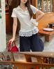 Plus Size Lace Hem Bow Collar Short Sleeve Top for Women - Summer Slimming Polo Style