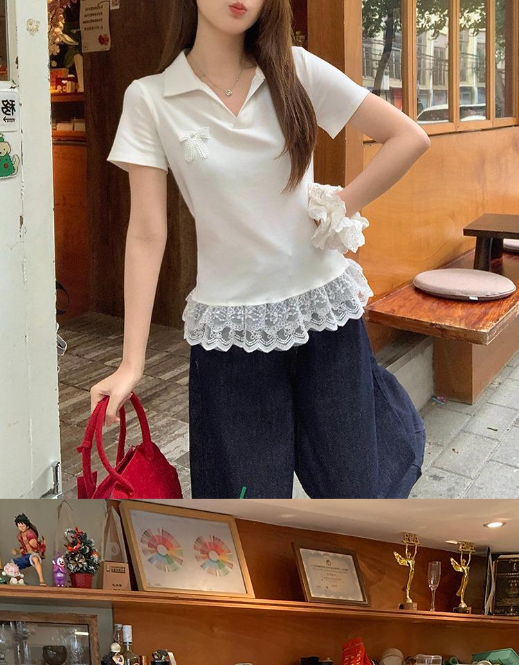 Plus Size Lace Hem Bow Collar Short Sleeve Top for Women - Summer Slimming Polo Style