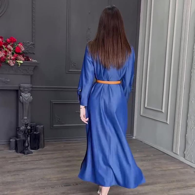 2024 Autumn European and American Women's Solid Color Turn-down Collar Multi-button Shirt Dress