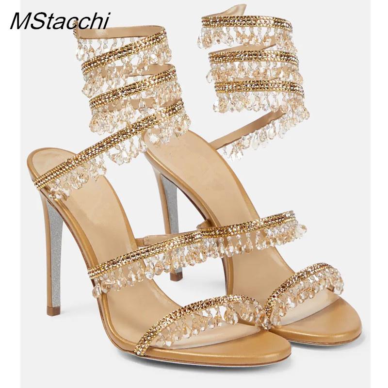 Sandalias Envolventes de Cristal Mujer Verano Zapatos de Boda Tacón Alto Zapatos de Fiesta Sandalias con Tiras al Tobillo Zapatos de Diseño con Tacón de Aguja
