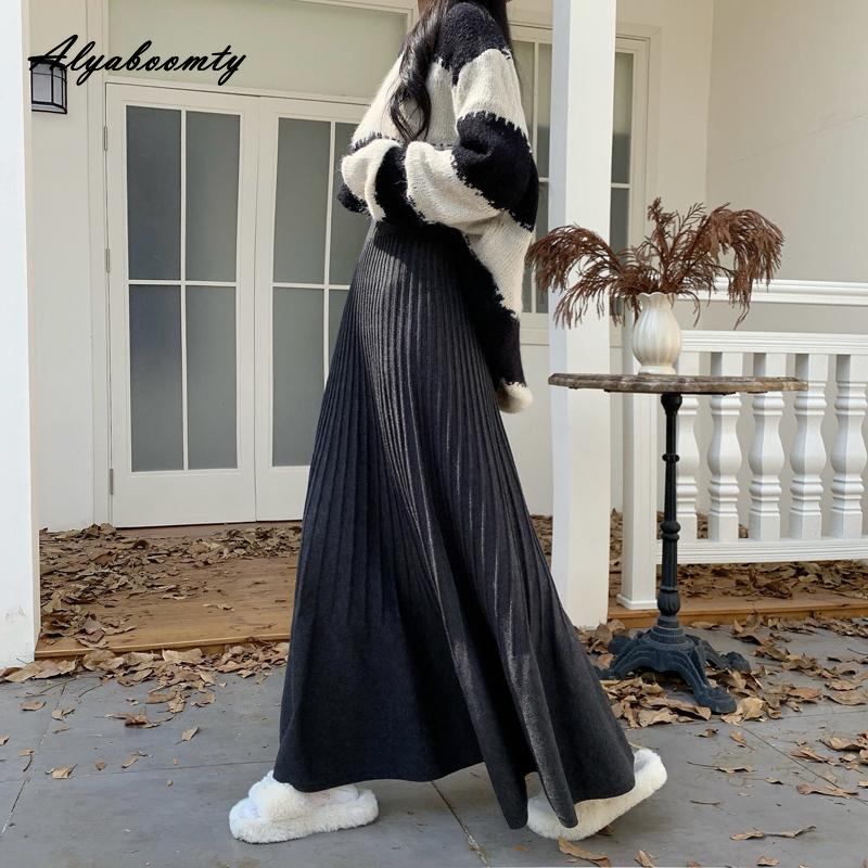 Korean Fashion Autumn Winter Women Maxi Long Skirt High Waist Black Beige Grey Knitting Skirt Elegant Feminine Pleated Skirts Womens