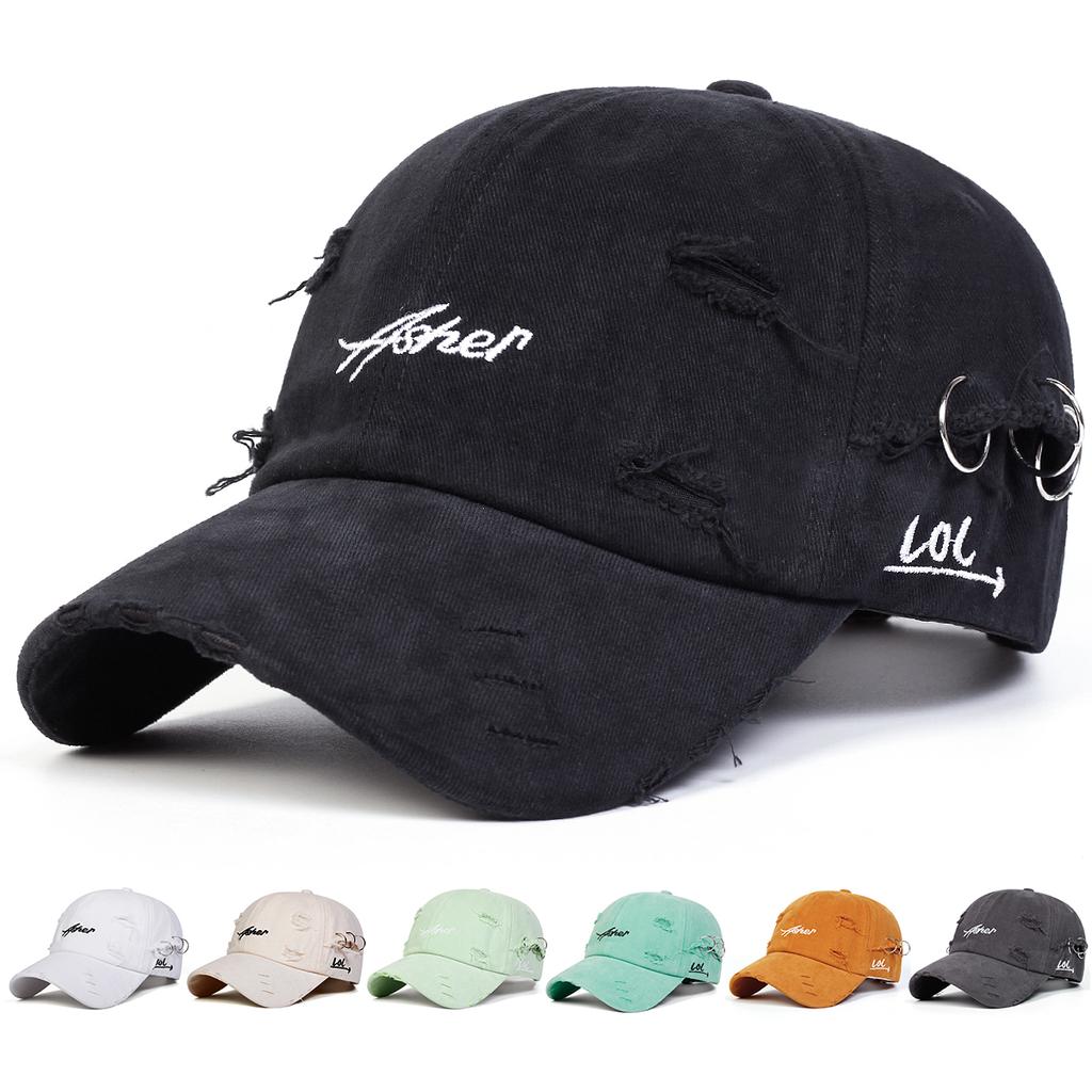 Men Asher Letter Embroidered Vintage Holes Baseball Cap Outdoor Adjustable Sunscreen Leisure Hat Spring Autumn Travel Tourism Beach Vacation