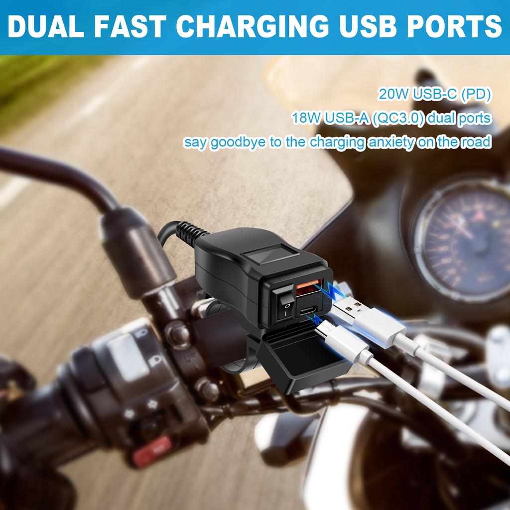 Motorcycle USB Fast Charger Waterproof SAE to USB Motorcycle Charger Double USB Type C PD and Quick Charge 3.0 Socket Connector