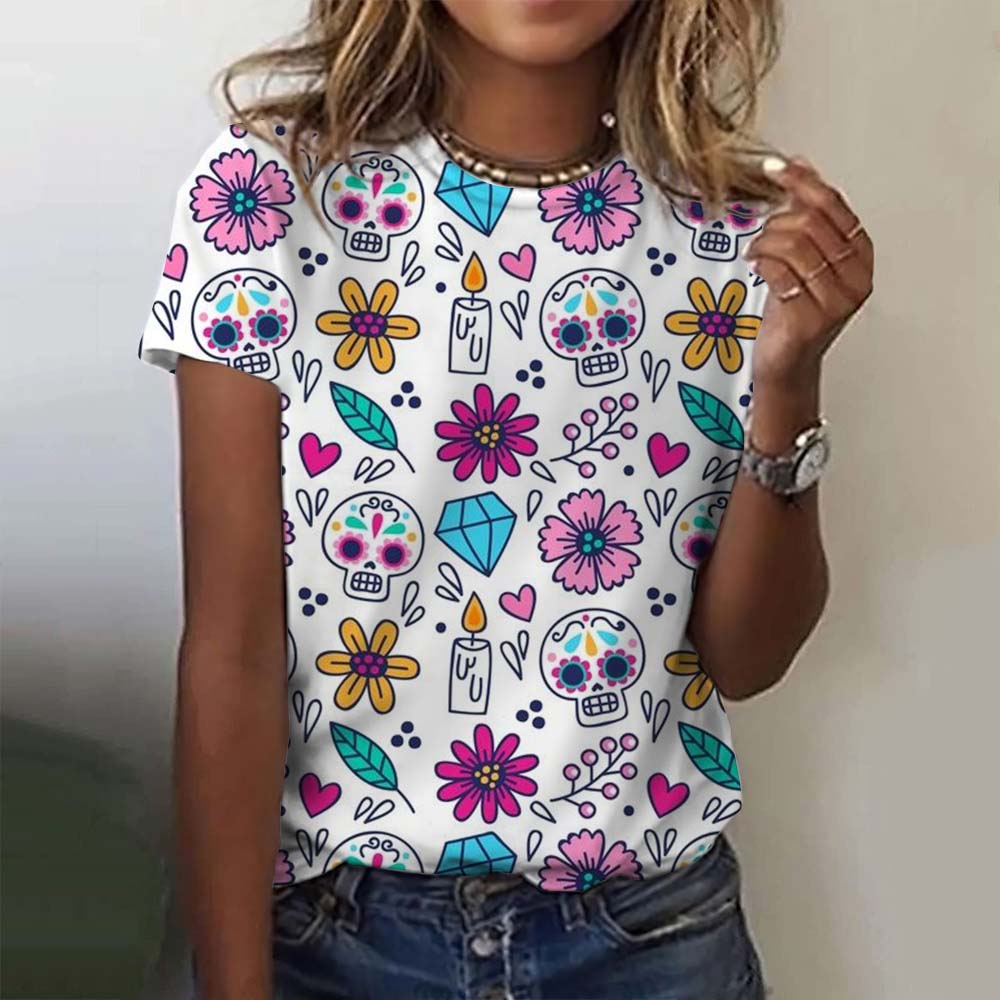 Summer Round Neck 3D Colorful Skull Pattern Print Top Fashionable Casual Short Sleeved Women's T-shirts