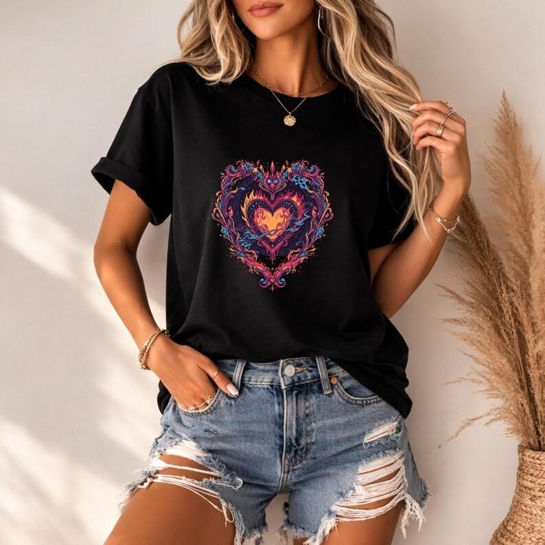 Flaming Heart Graphic Tee, Artistic Valentine Shirt, Romantic Fire Heart T-Shirt