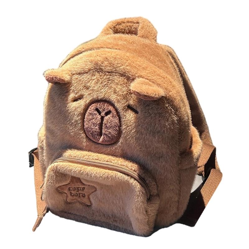 Cartoon Plush Capybara Animal Backpack for Teens Multiple Pockets Student School Bag Zippered Crossbody Shoulder Bag