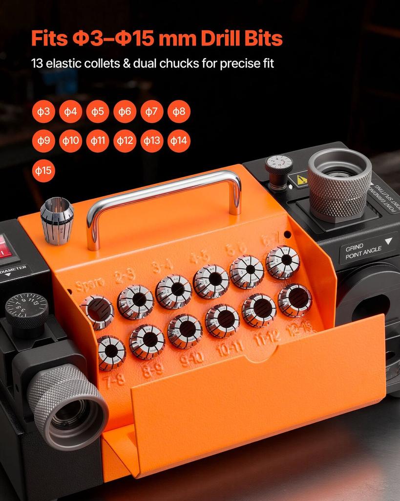 Drill Bits Sharpener MR-13B, 3-15mm Drill Bit Grinder Sharpener with Adjustable Lip Relief Angle & 95°-135° Point Angle, 4600RPM High Speed