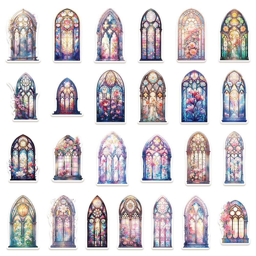 50-Piece Elegant Church Window Stickers - Waterproof DIY Decorative Decals for Notebooks, Laptops, Journals & Phone Cases