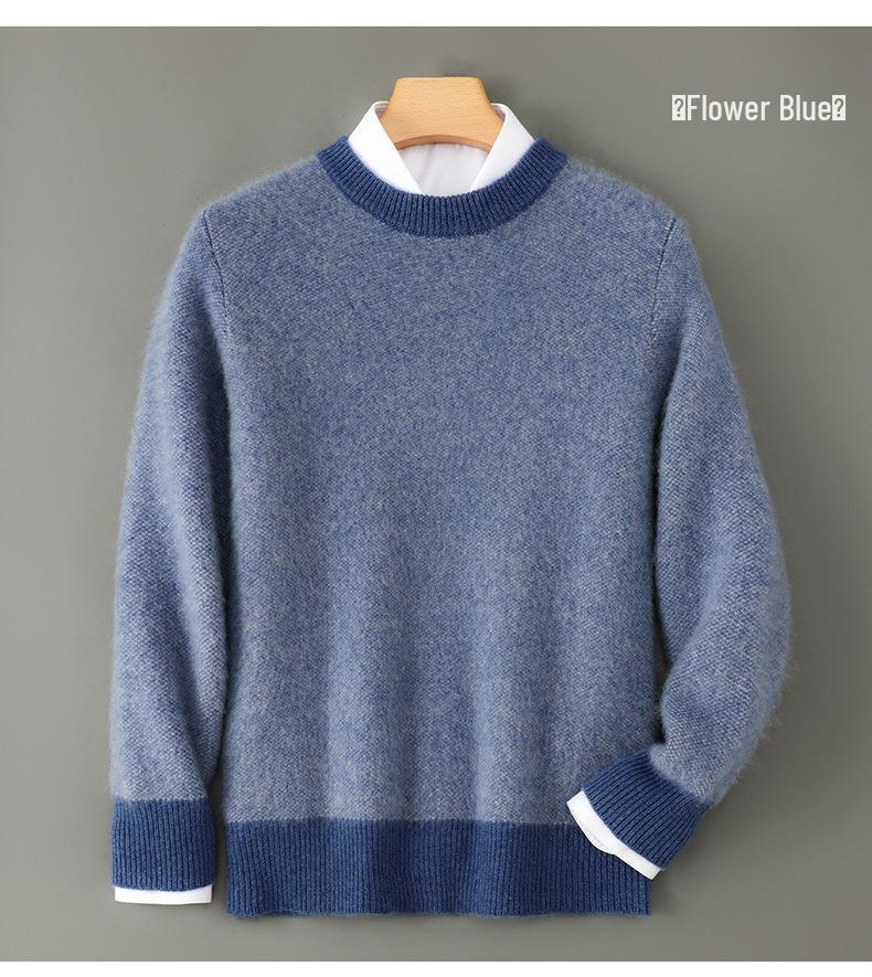 Men's Thickened 100% Pure Wool Color Block Round Neck Sweater - Casual Loose Jacquard Knit Cashmere Top
