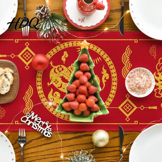 Chinese Dragon New Year Theme Table Runner Foldable Firm Print Thick Stitching Sequin Happy Decoration