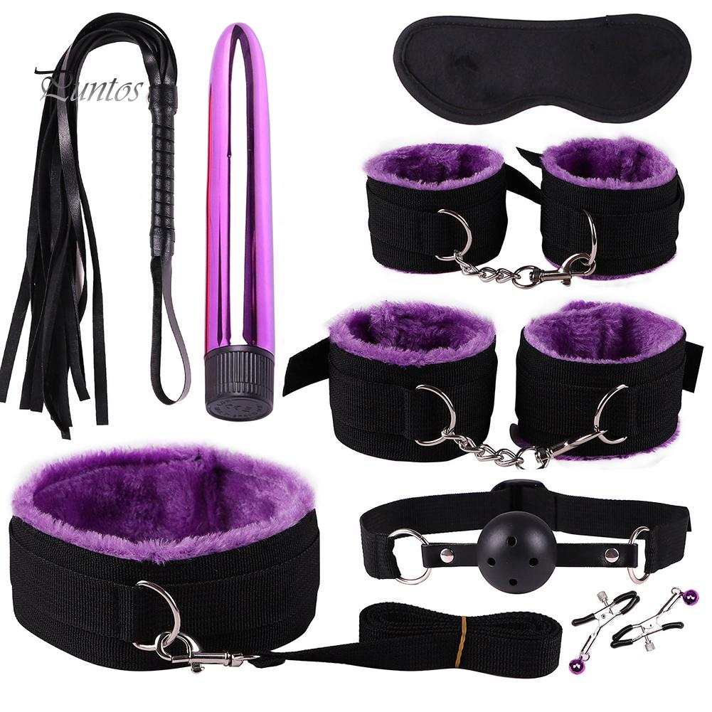 Puntos Sex Toys Set 8Pcs Adult Bondage Handcuffs Footcuffs Whip Blindfold Massager SM